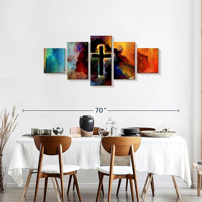 Elephant Stock Colorful Cross Wall Art Multi Piece Canvas - 5 Panel Christian Pictures Decor - Digital Design Canvas Print - Christian Wall Decor - 55" X 24"