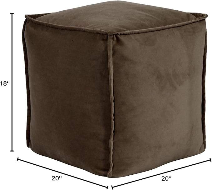 Howard Elliott Square Pouf Ottoman Foot Rest With Cover, Round Stuffed Filled Foot Stool, Fluffy Compact & Comfortable Soft Seating for Living Room & Bedroom, 20 x 20 x 18 Inch, Brown