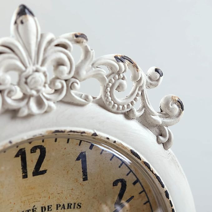 NIKKY HOME Small Vintage Table Clock, Decorative Shelf Desk Top Clock Battery Operated Round French Design, Farmhouse Home Decor for Bathroom, Tabletop, Desktop, Countertop, Rustic Beige