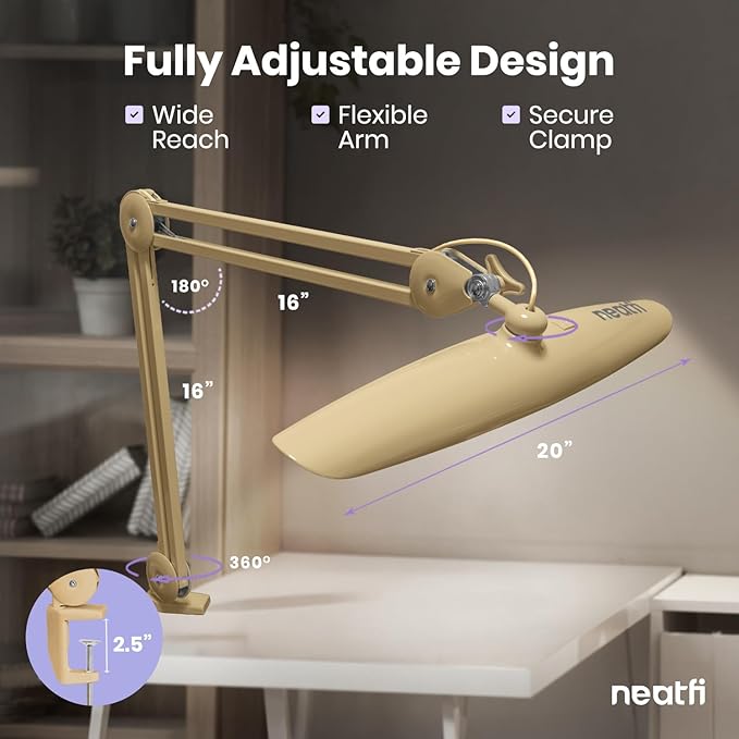Neatfi XL Nail Desk Lamp with Clamp, 2200 Lumens, 20-Inch Wide Head, Dimmable 4 Levels, 3 Color Modes 3000K–6000K, LED Task Light for Manicure Table, Crafts, Workbench, Office (CCT, Gold)