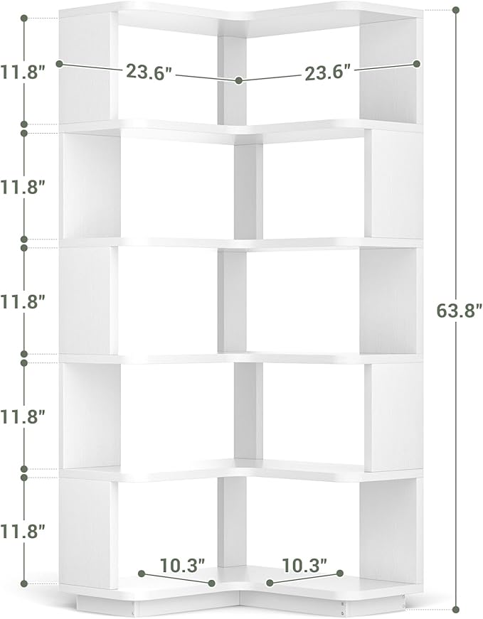 Armocity Corner Book Shelf - 6-Shelf Corner Bookshelf Etagere Bookcase with Baffle, Freestanding L Shaped Display Shelf Stand for Home Office, Living Room, Bedroom, Kitchen, White