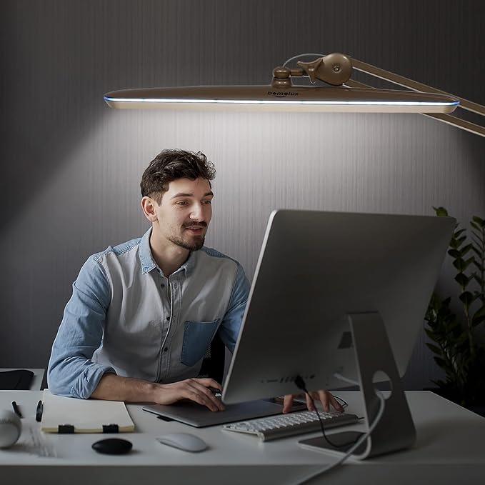 Task Lamp with Clamp, Bright 117PCS LEDs, Metal Swing Arm 24W 2200 Lumen Dimmable Led Desk Lamp for Architect Home Office Study Reading Dorm Workbench Craft, 23 Inch Working Lamp(Gold)