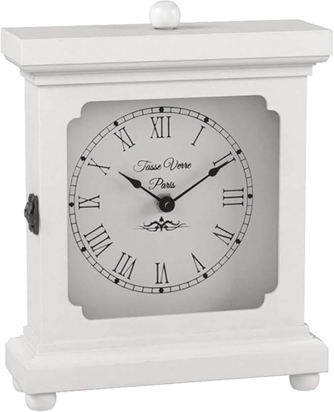 Tasse Verre White Clock for Shelf Table Or Desk 9"x7" - Farmhouse Decor Wood Mechanical Quiet Silent - Office, Bedroom Fireplace Mantel Living Family Room. AA Battery Operated Non-Digital