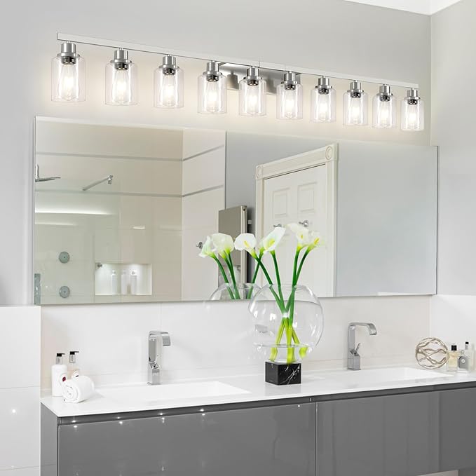Brushed Nickel Bathroom Vanity Light,10-Light Vanity Lights with Clear Glass,64.5in Modern Bathroom Wall Lights Fixtures Over Mirror,Wall Sconces Lighting for Bedroom Living Room,E26