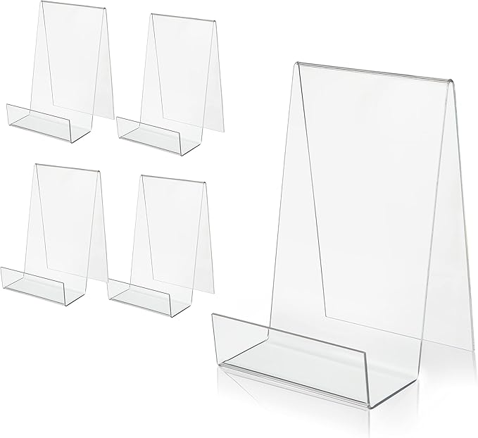 ZOEY Acrylic Book Stand with Ledge Clear Display Easels Plate - 5 Pack Large Book Holder Easel Stand for Display, Music Sheets, Artworks, CD, Tablet Holder (Large)