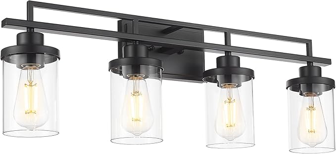 Emliviar 4 Light Vanity Lights Over Mirror with Clear Glass, 29.3" Matte Black Bathroom Vanity Lighting for Living Room, YCE238B-4W BK