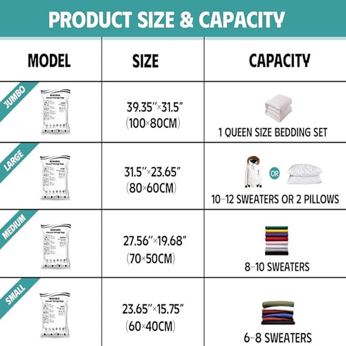 12 Pack Vacuum Storage Bags, Space Saver Compression Bags for Clothing, Comforters, Blankets, Vacuum Seal Bags with Hand Pump. (3×Jumbo, 3×Large, 3×Medium, 3×Small)