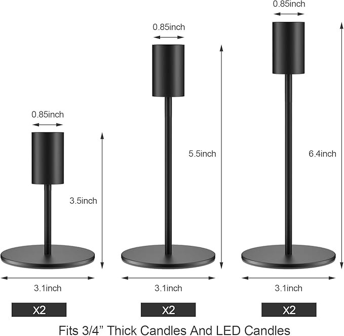 Set of 6 Black Taper Candle Holders Candlestick Holders, Decor Candle Stick Candle Holder for Table or Mantel Centerpiece, Wedding, Dinning, Party Home Decor