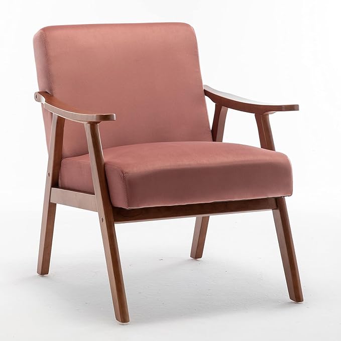 Accent Chair with Microfiber Upholstery and Solid Wood Frame, Classic Mid-Century Modern Living Room Furniture for Extra Seating, Rose