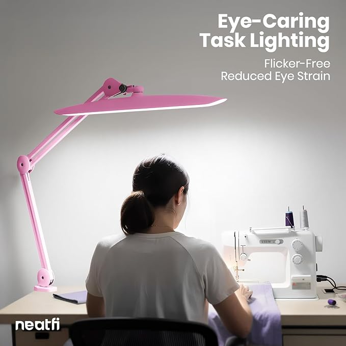 Neatfi XL Nail Desk Lamp with Clamp, 2200 Lumens, 20-Inch Wide Head, Dimmable 4 Levels, 6500K, LED Task Light for Manicure Table, Crafts, Workbench, Office (Non-CCT, Pink)
