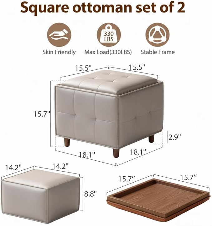 Square Ottoman with Storage Set of 2, Leather Coffee Table Ottoman, Multifunctional Foot Rest Stool with Storage for Living Room & Bedroom