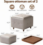 Square Ottoman with Storage Set of 2, Leather Coffee Table Ottoman, Multifunctional Foot Rest Stool with Storage for Living Room & Bedroom