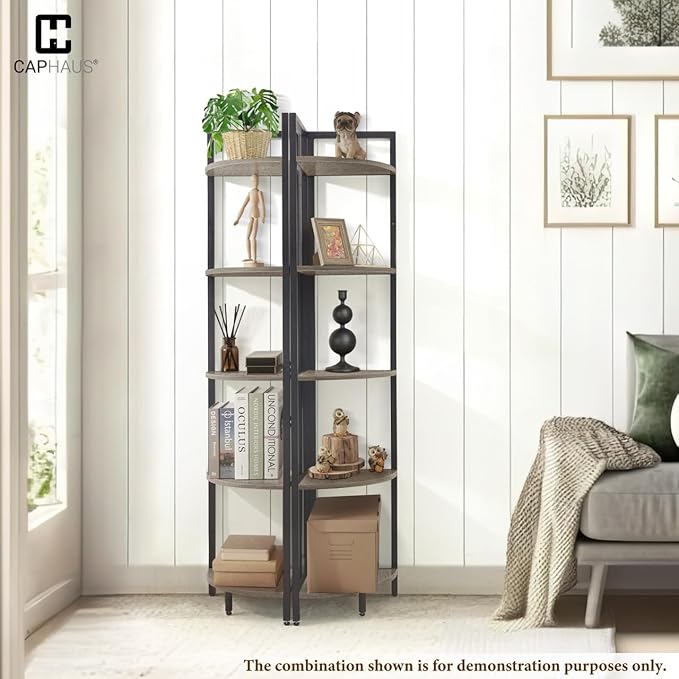 CAPHAUS 5 Tier Corner Shelf, 59.1-Inch Tall Corner Bookshelf, Corner Display Rack with Metal Frame, Round Corner Shelf Unit Rack, Tall Corner Stand for Bathroom, Living Room, Home, Office, Dark Grey