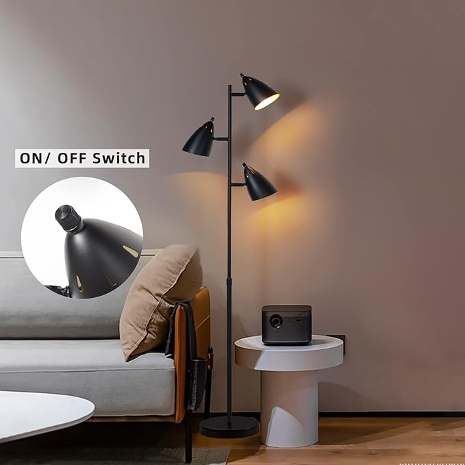 Tree Floor Lamp for Living Room, Industrial 3-Light Standing Lamp with 3 LED Bulbs, Adjustable Rotation Heads, Standing Tall Pole Lamp Farmhouse Rustic Reading Lamps for Bedroom Office (Black)