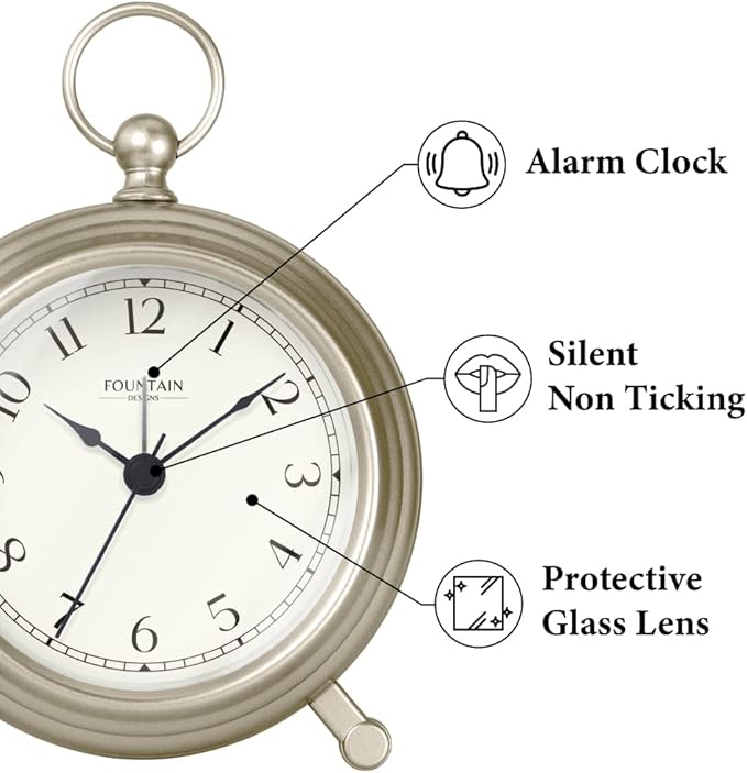 Jensen Pocket Watch Analog Alarm Clock for Bedroom,Silent Non Ticking,Desk & Shelf Mantel Clock for Living Room Decor,Morning Silver, 5.4"(H) x 4.5"(W)