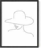 Elegant Woman in Hat Wall Art Minimalist Feminine Profile Continuous Line Drawing 8x10 Inch Oak Wood Black Framed Chic Fashion Print for Vanity Bedroom