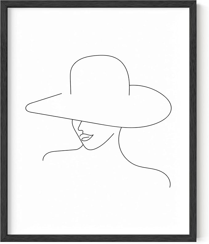 Elegant Woman in Hat Wall Art Minimalist Feminine Profile Continuous Line Drawing 8x10 Inch Oak Wood Black Framed Chic Fashion Print for Vanity Bedroom