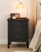 Fluted Nightstand, Farmhouse Night Stand with 3 Drawers, Mid Century Modern Side Accent Table,Bedside End Table for Bedroom, Living Room, Black
