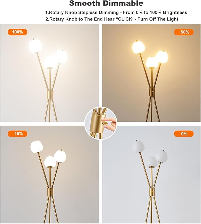 Fiqevs Dimmable Tripod 3 Globe Floor Lamp for Living Room, Mid Modern Gold Floor Lamp with Elegant Frosted Ball Shade and Warm Light LED Bulbs, Standing Tall Lamp for Bedroom, Office - Antique Brass