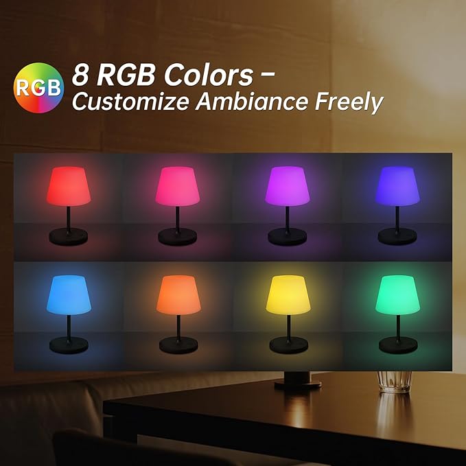 Waterproof Rechargeable Table Lamp - Portable Cordless Desk Lamp with 8 RGB Colors,4000mAh Outdoor Stepless Dimmable LED Night Light for Bedroom, Living Room,Camping Restaurant,Office (Black)