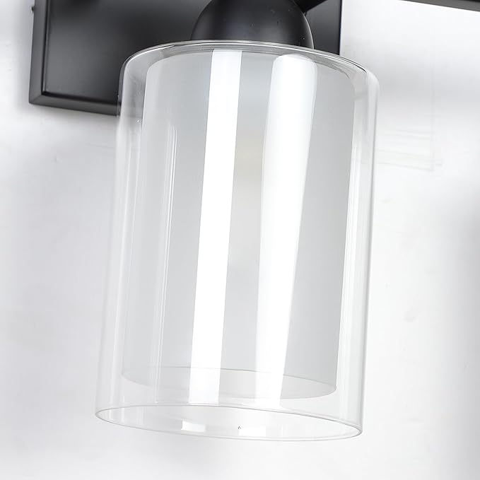 Matte Black Bathroom Vanity Light Over Mirror, 3 Light Bathroom Light Fixtures with Milk Glass and Clear Glass Shades, Modern Vanity Lighting Wall Mount