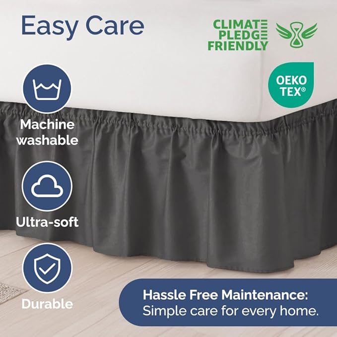 Wrap Around Dust Ruffle Bed Skirt - Charcoal - for Full Size Beds w/ 12 Inch Drop - Easy Fit Elastic Strap - Adjustable Pleated Bedskirt w/Brushed Fabric - Wrinkle Free - for Women, Men, Kids & Teens