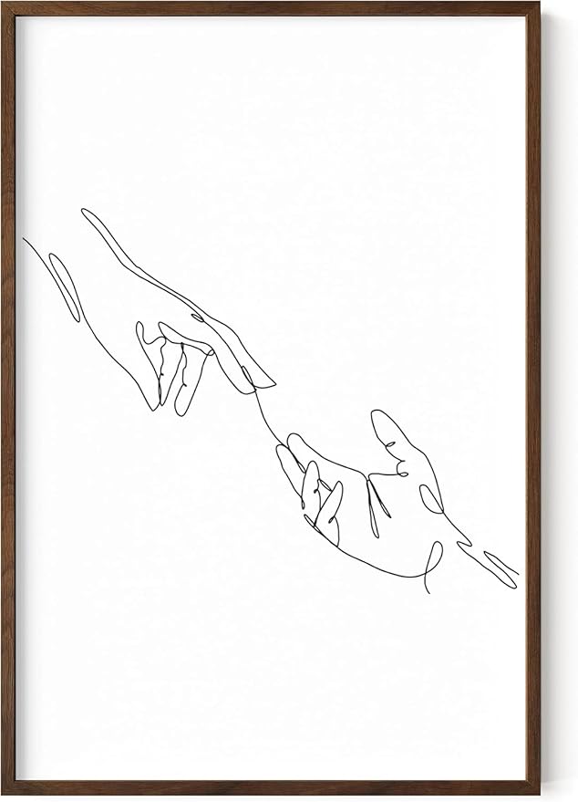 Minimalist Reaching Hands Wall Art Continuous Line Drawing Connection Symbol 24x36 Inch Oak Wood Walnut Framed Aesthetic Modern Decor Print for Bedroom Living Room