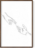 Minimalist Reaching Hands Wall Art Continuous Line Drawing Connection Symbol 24x36 Inch Oak Wood Walnut Framed Aesthetic Modern Decor Print for Bedroom Living Room