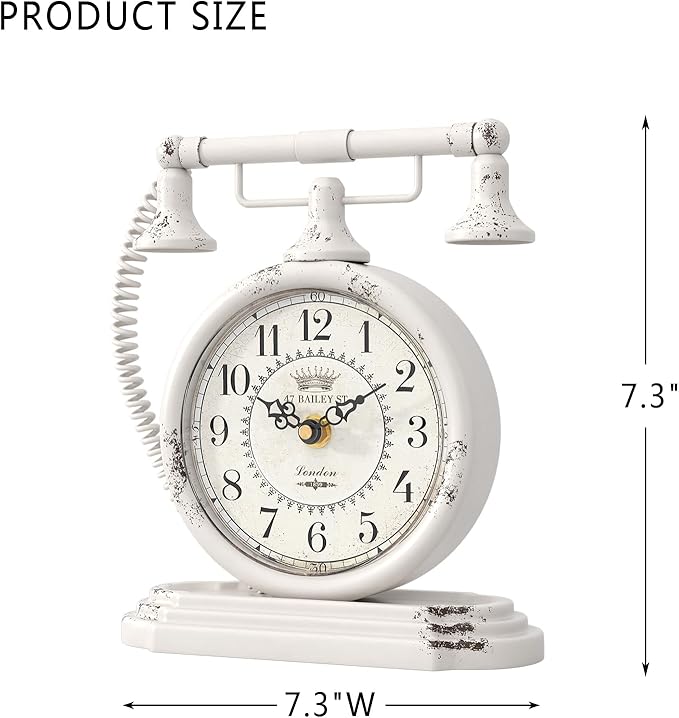 Vintage Table Clock, Desk and Shelf Decor Clock, White Antique Telephone Style Mantel Clocks, for Living Room, Farmhouse, Bedroom, Bedside, Gift (7.3" H x 7.3" W)