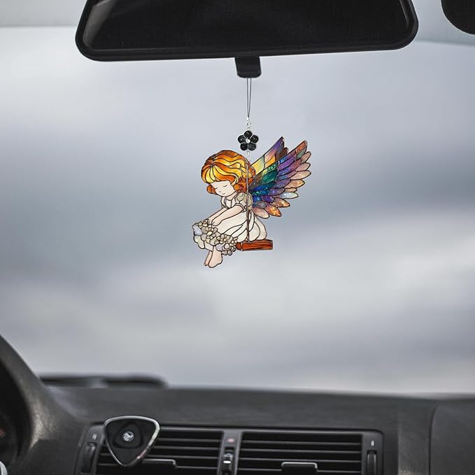 Angel Girl Stained Glass Style Ornament, Acrylic Window Hanging Suncatcher Decoration, Colorful Fairy Angel on Swing Decor for Christmas Tree, Garden or Home, Gift for Women Mom Birthday Holiday