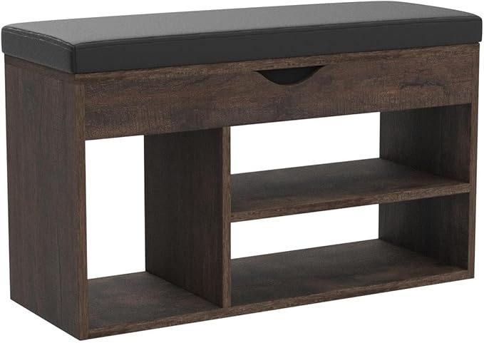 Apicizon 31 Inches Storage Bench, Shoe Bench with Flip Top Storage Space and Padded Cushion, Wooden Entryway Bench for Entryway, Living Room, 2-Tier Shoe Rack Organizer, Brown