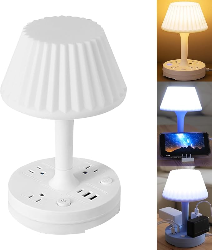 Table Lamp with USB Port and Outlet, Small Desk Lamp for Bedroom, 3-Colors Dimmable LED Lamps Eye Care Night Stand Lights, USB Charging Desk Lights for Home Office/Living Room