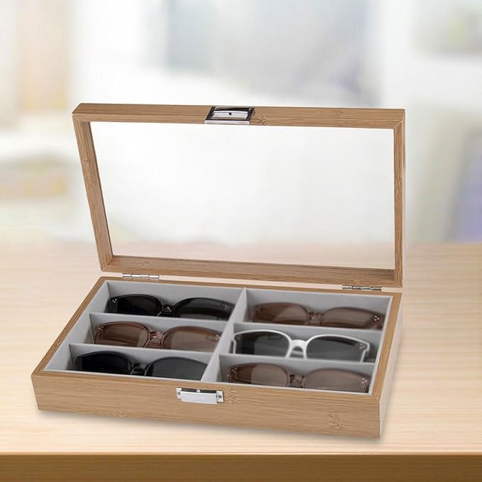 6-Slot Wood Sunglasses Organizer Eyeglasses Jewelry Watch Display Holder Collection Case