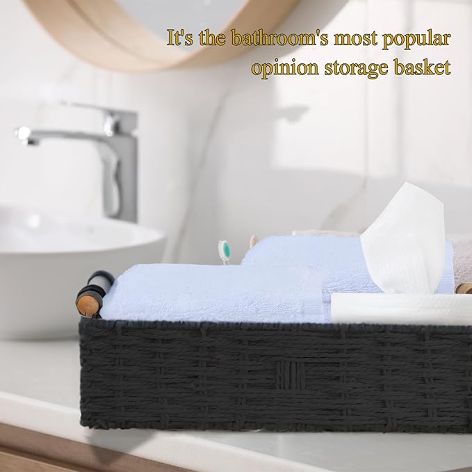 Round Paper Rope Storage Basket Wicker Baskets for Organizing with Handle Decorative Storage Bins for Countertop Toilet Paper Basket for Toilet Tank Top Small Baskets Set,Black