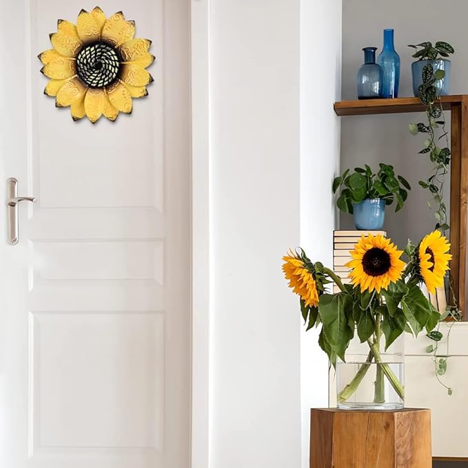 YEAHOME Sunflower Wall Decor - 9 inch Metal Flower Wall Art Decorations, Sunflower Yard Garden Decor Hanging for Kitchen, Bathroom, Bedroom, Set of 3 Handmade Gift for Home, Indoor or Outdoor