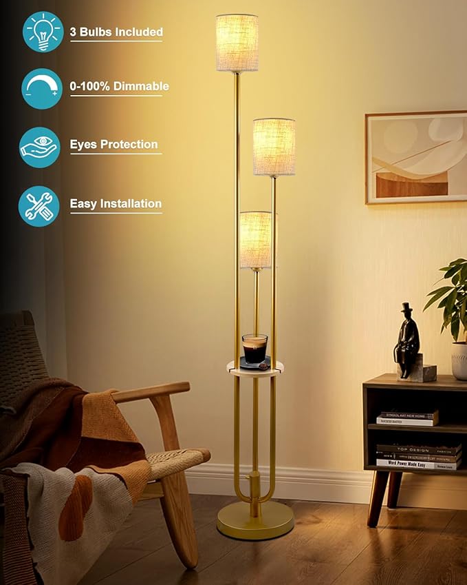 Lightdot Floor Lamp with Table for Living Room Bedroom Dimmable Floor Lamps with Linen Shade Vintage Gold Standing Tall Lamp Candle Holder Style for Bedroom/Sofa Beside/Corner Decor(Bulbs Included