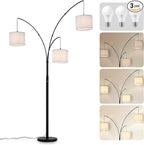 DLLT Modern Floor Lamp for Room: 3-Light Black Tree Dimmable Floor Lamps with White Shades for Living Room - Arc Standing Lamp for Bedroom - Tall Floor Lamp for Office Corner 3 LED Bulbs Included
