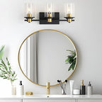 LOUSACE Bathroom Light Fixtures Black and Gold, 3 Light Bathroom Vanity Light, Modern Bathroom Light over Mirror with Clear Glass Shades, Brushed Gold Socket Wall Vanity Lighting Fixtures for Bathroom