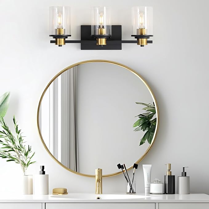 LOUSACE Bathroom Light Fixtures Black and Gold, 3 Light Bathroom Vanity Light, Modern Bathroom Light over Mirror with Clear Glass Shades, Brushed Gold Socket Wall Vanity Lighting Fixtures for Bathroom