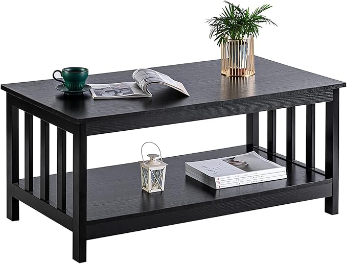 ChooChoo Mission Coffee Table, Black Wood Living Room Table with Shelf, 40 Black