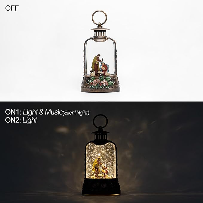 9.6" Christmas Snow Globe Lantern with Nativity - Water Swirling Glitter LED Light Musical Lantern with Exterior Decor - Vintage Xmas Gifts - USB Plug or Battery Operated Home Decor (Nativity)