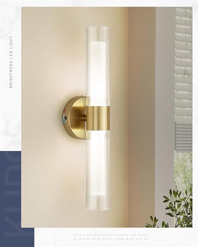 kudos Gold Bathroom Sconces Wall Lighting, Bathroom Vanity Light, Modern Wall Lights with Clear Glass and Frosted Glass,3000K/4500K/6000K Adjustable, KDVL06-GD-2