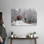 CANVAS ON DEMAND Red Covered Bridge in the Winter; Adamsville Quebec Canada Canvas Wall Art Print by David Chapman, Home Decor, Frost, Winter Artwork, 36"x24"
