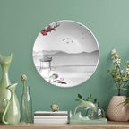 Ceramic Plates, Asian Decorative Ceramic Plates, Japanese Style Garden Bird Small Pavilion, 10 Inch, Household Plates Decorative, Grey Pink Red