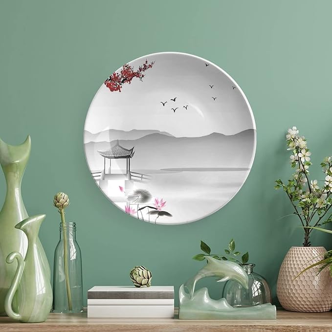 Ceramic Plates, Asian Decorative Ceramic Plates, Japanese Style Garden Bird Small Pavilion, 6 Inch, for Dining, Parties, Wedding, Grey Pink Red