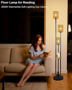 Lightdot Dimmable Boho Floor Lamps for Living Room, 3-Lights Rattan Floor Lamp with Shelves, 3000K Farmhouse Floor Lamp, Rustic Black Standing Lamp with Bulbs Included/Sofa Beside/Corner Decor
