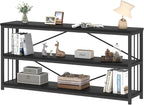 IBF 63" Black Low Horizontal Bookcase, Modern Long Wood Metal 3 Tier Book Shelf, Farmhouse Vintage Big Open Sturdy Bookshelf, Simple Large Wide Etagere for Home Living Room Office Bedroom, Black Oak