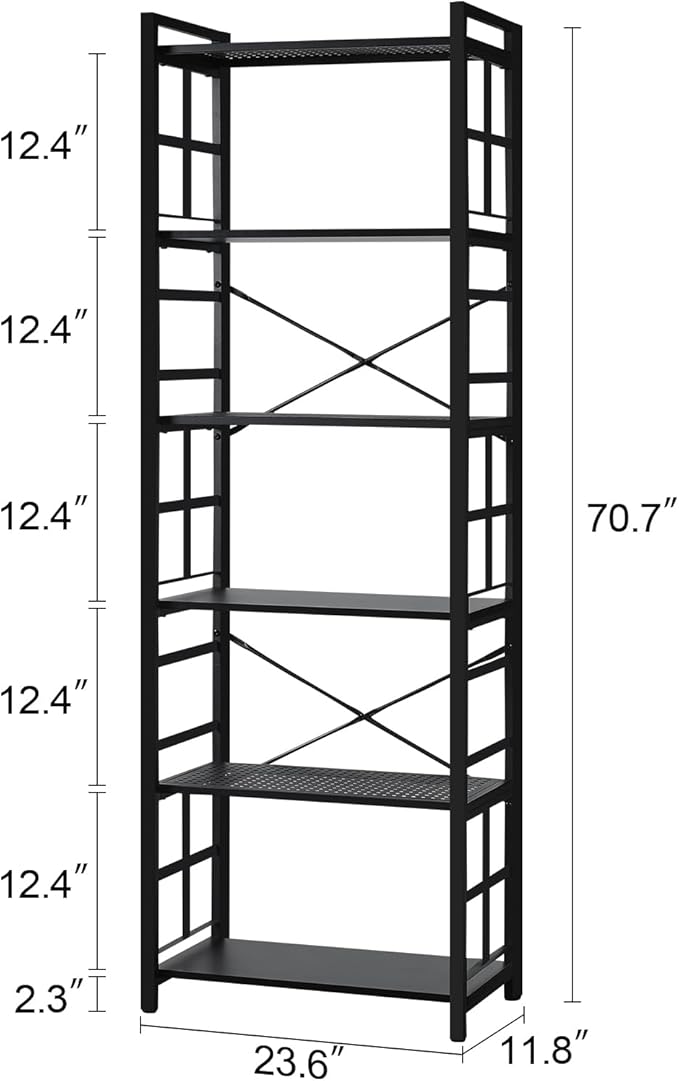 HOMBAZAAR 6 Tier Bookshelf,70 inch Tall Industrial Bookcase with Metal Frame and Open Shelves,Rustic Heavy Duty 6 Shelf Bookcase, Office Book Shelves for Living Room and Bedroom,Black