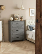 Marsail Farmhouse 5 Drawer Dresser, Wood Chest of Drawers with Natural Texture, Smooth Gliding Drawers, Versatile Storage Organizer Cabinet for Bedroom & Living Room, Grey