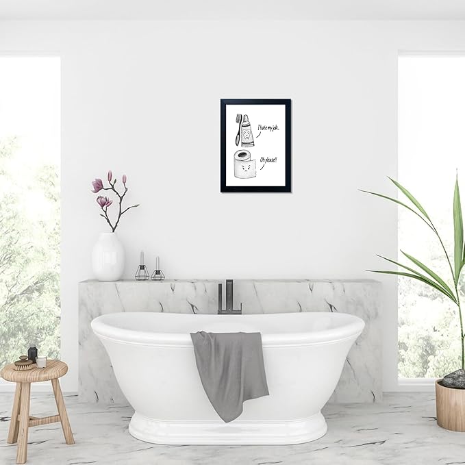 Boswaydeco Kids Bathroom Decor Wall Art Cute Children's Bathroom Wall Decor Small Funny Toliet Paper and Toothbrush Print Black and White Artwork for Guest Rom